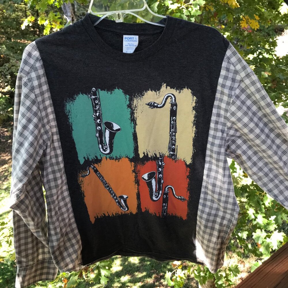 Upcycled Reworked Graphic T-Shirt, Saxophone Theme Plaid Shirt, Size S - M - Picture 6 of 12